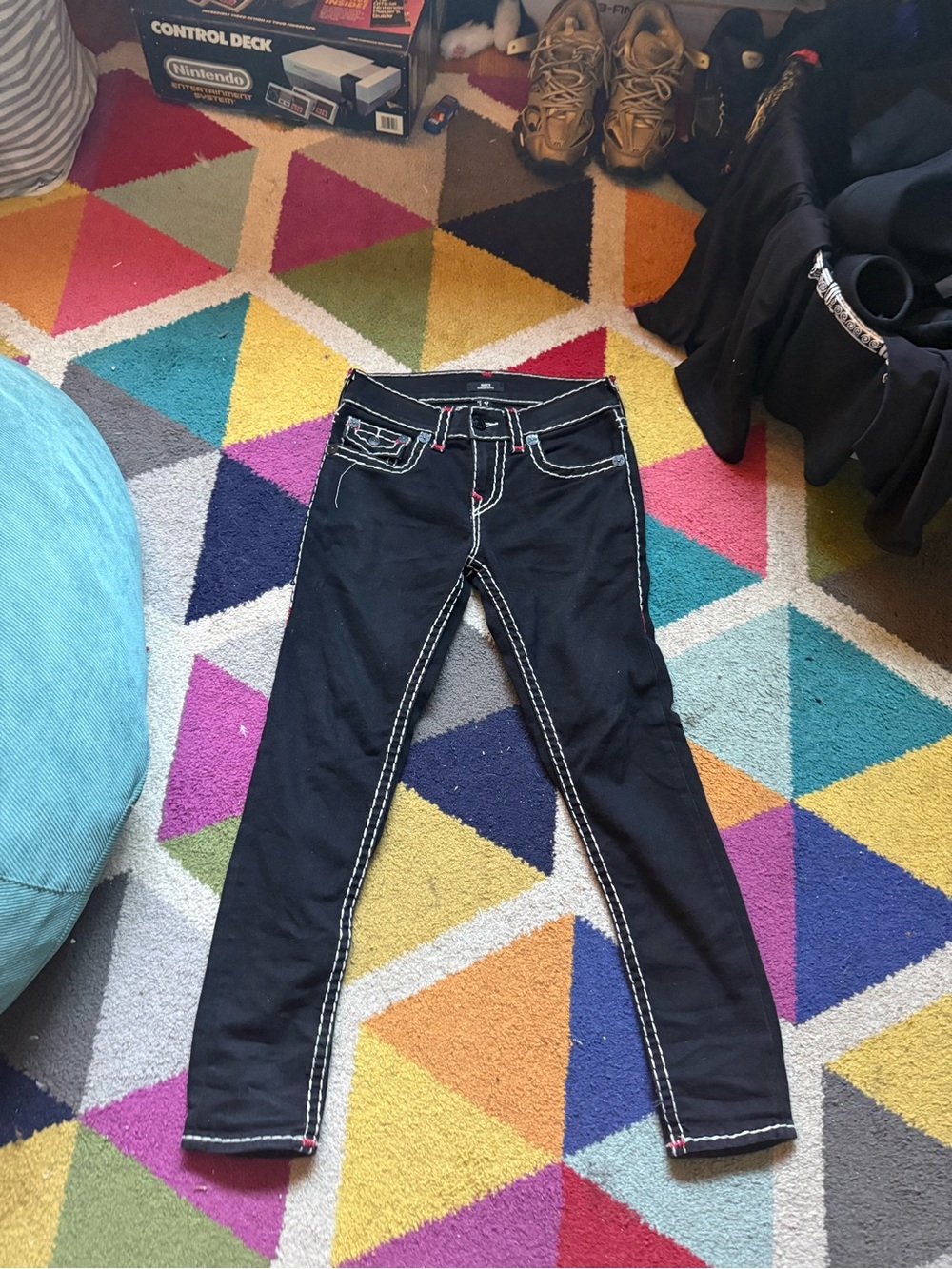 True Religion Black Skinny Jeans with White Contrast Stitching and Red Accents